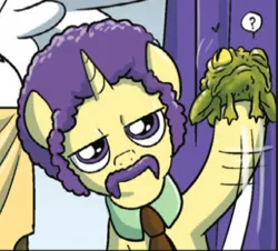 Size: 410x370 | Tagged: safe, derpibooru import, frog, pony, unicorn, spoiler:comicm08, afro, cropped, facial hair, image, male, moustache, necktie, png, roan swansong, stallion