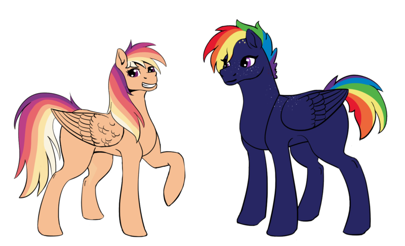 Size: 1403x852 | Tagged: safe, artist:moonlight-doodles, derpibooru import, oc, oc:comet blaze, oc:nightsky, pegasus, pony, duo, female, image, magical lesbian spawn, offspring, parent:rainbow dash, parent:scootaloo, parents:scootadash, png, siblings, simple background, smiling, transparent background