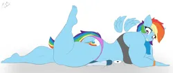 Size: 4000x1700 | Tagged: suggestive, artist:astrum, derpibooru import, rainbow dash, soarin', anthro, pegasus, plantigrade anthro, abs, amazon, barefoot, biceps, blushing, bracelet, breast squish, breasts, butt, clothes, cracks, curvy, deltoids, digital art, feet, female, floating wings, height difference, high res, image, jewelry, larger female, leg in air, looking down, lying down, male, meme, muscles, muscular female, panties, png, prone, rainbuff dash, rainbutt dash, raised leg, shipping, simple background, size difference, smaller male, smiling, soarindash, sports bra, squashing, straight, thighs, thunder thighs, triceps, underwear, voluptudash, white background, wings