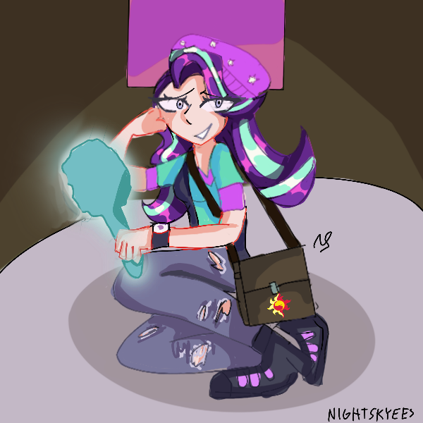 Size: 600x600 | Tagged: safe, artist:nightskyees, derpibooru import, starlight glimmer, human, unicorn, equestria girls, mirror magic, spoiler:eqg specials, arts, backround, beanie, big eyes, breasts, clothes, hat, humanized, image, jacket, mirror, pants, png, scene interpretation, shading, shoes, sneakers, solo, sunset shimmer cutie mark, torn clothes