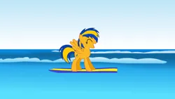 Size: 1920x1080 | Tagged: safe, artist:mlpfan3991, derpibooru import, oc, oc:flare spark, unofficial characters only, pegasus, happy, image, jpeg, ocean, solo, surfboard, surfing, water, wave