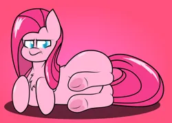 Size: 1280x912 | Tagged: safe, artist:isaac_pony, derpibooru import, pinkie pie, cat, earth pony, pony, angry, female, frog (hoof), hooves, image, lying down, pink background, pinkamena diane pie, png, side, simple background, solo, stomach, tail, underhoof