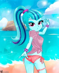 Size: 813x999 | Tagged: suggestive, artist:charliexe, derpibooru import, sonata dusk, equestria girls, ass, beach, bedroom eyes, bikini, bikini bottom, bracelet, butt, clothes, female, image, jpeg, looking at you, ocean, rock, sand, shirt, solo, solo female, sonata donk, spiked wristband, swimsuit, water, wristband