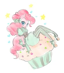 Size: 911x1030 | Tagged: safe, artist:vanityamaryllis, derpibooru import, pinkie pie, anthro, earth pony, pony, unguligrade anthro, female, food, giant food, heart, image, jpeg, looking at you, mare, muffin, open mouth, open smile, simple background, smiling, smiling at you, solo, stars, white background