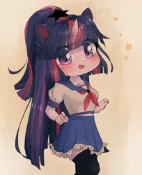 Size: 1509x1849 | Tagged: safe, artist:ponchik_art, derpibooru import, twilight sparkle, human, equestria girls, chibi, clothes, ear fluff, humanized, image, open mouth, open smile, png, school uniform, skirt, smiling, socks, solo, thigh highs