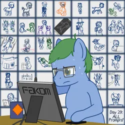 Size: 1575x1575 | Tagged: safe, artist:phallen1, derpibooru import, oc, oc:software patch, unofficial characters only, earth pony, pony, atg 2023, coffee mug, drawing tablet, glasses, image, jpeg, mug, newbie artist training grounds, quilt, sketch, sketch dump, sweat