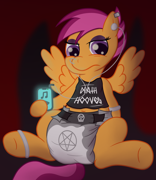 Size: 2953x3400 | Tagged: questionable, artist:sweetielover, derpibooru import, scootaloo, pegasus, pony, adolescence, blood, clothes, cross, dark, diaper, diaper fetish, ear piercing, earring, emo, female, fetish, headphones, high res, image, inverted cross, jewelry, metal, metalhead, mobile phone, older, older scootaloo, pentagram, phone, piercing, png, punk, satanic, scootapunk, shirt, simple background, skull, solo, spread wings, wings