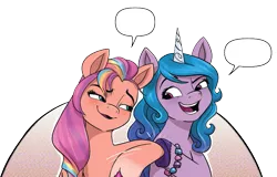 Size: 943x605 | Tagged: safe, artist:amy mebberson, derpibooru import, edit, idw, izzy moonbow, sunny starscout, earth pony, pony, unicorn, g5, spoiler:comic, spoiler:comic40thanniversary, spoiler:g5comic, cropped, female, image, mare, meme template, png, simple background, speech bubble, transparent background