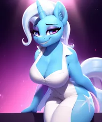 Size: 2560x3072 | Tagged: suggestive, derpibooru import, machine learning generated, stable diffusion, trixie, anthro, ai content, bodysuit, breasts, catsuit, cleavage, clothes, curvy, female, generator:purplesmart.ai, image, nurse outfit, png, skintight clothes, solo, solo female