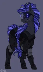 Size: 2400x4000 | Tagged: safe, artist:stardustspix, derpibooru import, oc, oc:disthene, unofficial characters only, cyborg, cyborg pony, earth pony, pony, amputee, black coat, blue eyes, blue mane, colored eyebrows, colored eyelashes, cybernetic eyes, earth pony oc, freckles, glow, high res, image, long mane, looking sideways, male, png, prosthetic eye, prosthetic leg, prosthetic limb, prosthetics, short tail, simple background, solo, stallion, tail