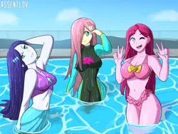 Size: 7200x5400 | Tagged: safe, artist:assentlov, derpibooru import, fluttershy, pinkie pie, rarity, equestria girls, beautiful, breasts, busty fluttershy, busty pinkie pie, busty rarity, commission, image, jpeg, legs in the water, legs together, partially submerged, pinkamena diane pie, stupid sexy fluttershy, stupid sexy pinkie, stupid sexy rarity, swimming pool, wet hair, wet hairity