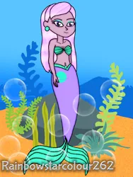 Size: 1536x2048 | Tagged: safe, artist:rainbowstarcolour262, derpibooru import, oc, oc:zina pearl, unofficial characters only, mermaid, equestria girls, bare shoulders, belly button, belly piercing, bellyring, bra, breasts, bubble, cleavage, clothes, ear piercing, earring, eyeshadow, female, fish tail, image, jewelry, makeup, mermaid tail, mermaidized, piercing, png, purple eyes, rock, seashell bra, seaweed, signature, solo, species swap, strapless, tail, underwear, water