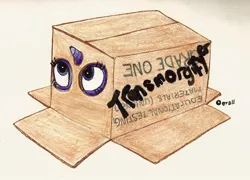 Size: 1024x737 | Tagged: safe, artist:dotterall, derpibooru import, twilight sparkle, unicorn, fanfic, fanfic:letters from a little princess monster, box, cardboard box, fanfic art, female, hiding, image, jpeg, metal gear, solo, traditional art