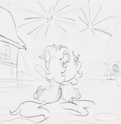 Size: 1287x1318 | Tagged: safe, artist:dotkwa, derpibooru import, oc, oc:deary dots, oc:kayla, unofficial characters only, earth pony, pony, duo focus, facing away, female, filly, fireworks, foal, gray background, grayscale, image, mare, monochrome, png, simple background