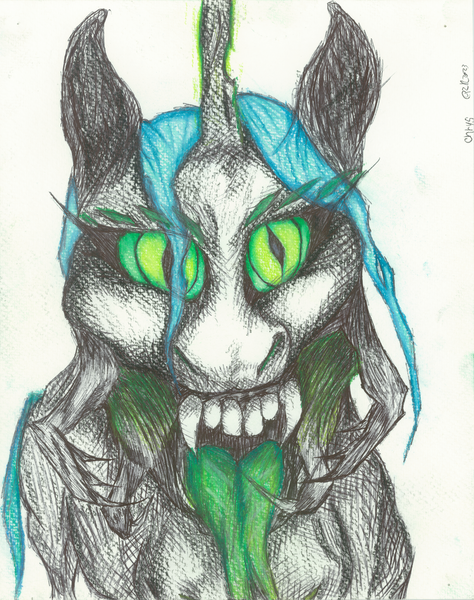 Size: 6566x8316 | Tagged: safe, artist:quizaro, derpibooru import, queen chrysalis, creepy, glow, glowing horn, horn, image, mandibles, mawshot, open mouth, png, sharp teeth, solo, teeth, tongue out, traditional art