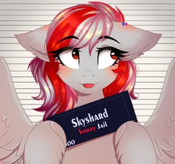 Size: 1600x1500 | Tagged: safe, artist:2pandita, derpibooru import, oc, oc:skyshard, oc:skyshard melody, pegasus, pony, :p, blushing, commission, cute, ear piercing, earring, female, horny jail, image, jewelry, mare, mugshot, piercing, png, red eyes, red hair, silly, solo, tongue out, white hair, ych result
