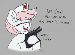 Size: 1539x1126 | Tagged: safe, artist:reddthebat, derpibooru import, nurse redheart, earth pony, pony, (you), bust, dialogue, ear fluff, eyebrows, eyebrows visible through hair, female, glasses, gray background, gun, handgun, hoof hold, image, jpeg, mare, onomatopoeia, open mouth, open smile, pistol, simple background, smiling, solo, weapon