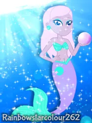 Size: 1536x2048 | Tagged: safe, artist:rainbowstarcolour262, derpibooru import, oc, oc:zina pearl, unofficial characters only, mermaid, equestria girls, bare shoulders, belly button, belly piercing, bellyring, bra, bubble, clothes, crepuscular rays, cutie mark, ear piercing, earring, eyeshadow, female, fish tail, hand on hip, image, jewelry, lens flare, makeup, mermaid tail, mermaidized, ocean, pearl, piercing, png, purple eyes, seashell bra, signature, solo, sparkles, species swap, strapless bra, sunlight, swimming, tail, underwater, underwear, water