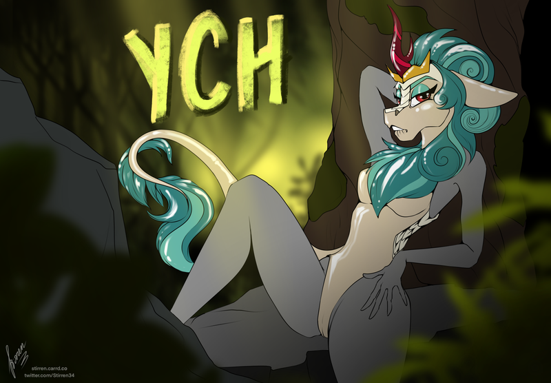 Size: 2360x1640 | Tagged: questionable, artist:stirren, derpibooru import, rain shine, anthro, kirin, cameltoe, clothes, commission, female, forest, forest background, image, leotard, pinup, png, ponysuit, pose, solo, solo female, tree, your character here