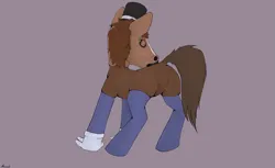 Size: 4261x2600 | Tagged: safe, artist:noxvull, derpibooru import, oc, oc:ghio, earth pony, pony, blushing, brown coat, brown mane, butt, clothes, cylinder, gloves, gray background, hat, hoers mask, image, mask, plot, png, simple background, socks, solo, stockings, thigh highs
