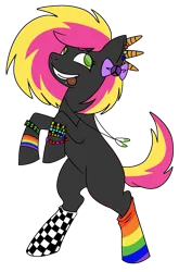 Size: 1340x2032 | Tagged: safe, artist:reponer, derpibooru import, pony, unicorn, bipedal, black fur, blank flank, bracelet, clothes, colorful, emo, eyestrain warning, horn, image, jewelry, looking up, missing cutie mark, multiple horns, necklace, neon, png, pride, socks, standing, tongue out