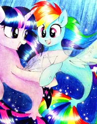 Size: 2322x2952 | Tagged: safe, artist:liaaqila, derpibooru import, rainbow dash, twilight sparkle, pony, seapony (g4), bubble, commission, duo, duo female, female, fin wings, fins, high res, horn, image, jpeg, lesbian, looking at each other, looking at someone, mare, open mouth, open smile, seaponified, seapony rainbow dash, seapony twilight, shipping, smiling, smiling at each other, species swap, traditional art, twidash, underwater, water, wings