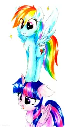 Size: 2156x3834 | Tagged: safe, artist:liaaqila, derpibooru import, rainbow dash, twilight sparkle, twilight sparkle (alicorn), alicorn, pegasus, pony, confused, duo, duo female, eye clipping through hair, female, folded wings, high res, horn, image, jpeg, mare, open mouth, perching, signature, simple background, smiling, sparkles, spread wings, standing on head, traditional art, white background, wings