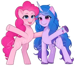 Size: 2300x2048 | Tagged: safe, artist:xiaowu07, derpibooru import, izzy moonbow, pinkie pie, earth pony, pony, unicorn, g5, cute, duo, duo female, female, g4, hug, image, izzy and her heroine, looking at you, mare, png, sample, simple background, smiling, smiling at you, white background