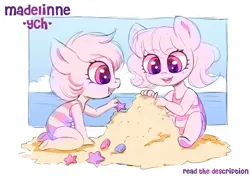 Size: 4093x2894 | Tagged: safe, artist:madelinne, derpibooru import, beach, chibi, clothes, cloud, commission, cute, duo, image, png, sandcastle, sky, swimsuit, water, your character here