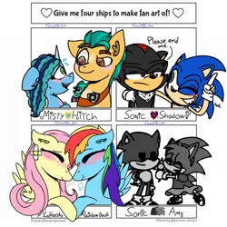 Size: 1879x1879 | Tagged: safe, artist:funky16, derpibooru import, fluttershy, hitch trailblazer, rainbow dash, sparky sparkeroni, earth pony, pegasus, pony, g5, amy (sonic), blushing, fanart mashup challenge, female, flower, flower in hair, flutterdash, gay, image, jpeg, lesbian, male, misty brightdawn, mistyhitch, shadow, sheriff's badge, shipping, simple background, sonic the hedgehog, sonic the hedgehog (series), straight, unamused, white background