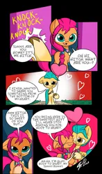 Size: 642x1092 | Tagged: safe, artist:25ultragamer, derpibooru import, hitch trailblazer, sunny starscout, earth pony, pony, g5, balloon, black background, braid, comic, dialogue, duo, duo male and female, female, heart, heart balloon, image, knocking, male, mare, png, sheriff's badge, simple background, snuggling, stallion