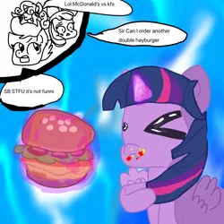 Size: 1000x1000 | Tagged: safe, derpibooru import, apple bloom, scootaloo, sweetie belle, twilight sparkle, twilight sparkle (alicorn), alicorn, annoyed, apple bloom's bow, bow, burger, cute, cutie mark crusaders, food, hair bow, happy, hay burger, image, joke, png, tired, twiabetes, twilight burgkle