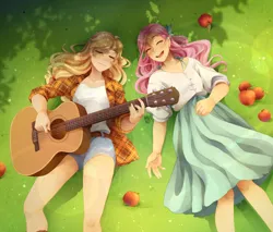 Size: 2048x1744 | Tagged: safe, artist:applesartt, derpibooru import, applejack, fluttershy, human, apple, appleshy, clothes, dress, duo, eyes closed, female, females only, flannel shirt, food, guitar, humanized, image, jpeg, lesbian, lying down, musical instrument, on back, shipping, shirt, shorts, smiling