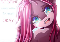 Size: 1000x707 | Tagged: safe, artist:chaosangeldesu, derpibooru import, pinkie pie, earth pony, pony, bust, image, jpeg, looking at you, open mouth, open smile, pinkamena diane pie, portrait, positive ponies, smiling, smiling at you, solo, text