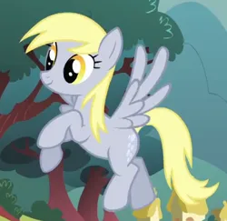 Size: 438x426 | Tagged: safe, derpibooru import, screencap, derpy hooves, pegasus, pony, look before you sleep, season 1, cropped, female, flying, hooves, image, mare, png, smiling, solo, spread wings, wings