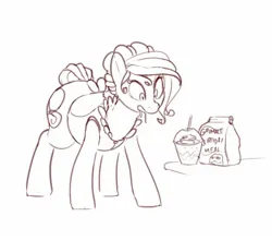 Size: 1614x1420 | Tagged: safe, artist:sirmasterdufel, derpibooru import, oc, oc:claire, unofficial characters only, earth pony, pony, apron, chubby, clothes, drool, drool string, grimace shake, image, jpeg, mcdonald's, meme, monochrome, simple background, sketch, solo, white background
