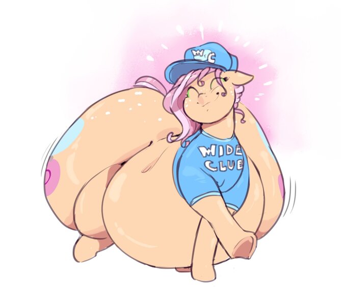 Size: 1500x1346 | Tagged: suggestive, artist:sirmasterdufel, derpibooru import, oc, oc:claire, earth pony, pony, baseball cap, belly, big belly, butt, cap, clothes, eyes closed, fat, happy, hat, huge belly, huge butt, image, impossibly large belly, impossibly large butt, jpeg, large butt, shirt, simple background, solo, t-shirt, walking, wide club, wide hips