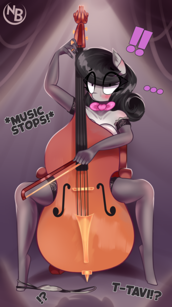 Size: 2517x4500 | Tagged: suggestive, alternate version, artist:nevobaster, derpibooru import, octavia melody, anthro, earth pony, blushing, bow, breasts, clothes, exposed, exposed breasts, image, implied vinyl scratch, legs, lingerie, looking at you, makeup, musical instrument, nail polish, nudity, panties, panties around leg, panties pulled down, png, sitting, socks, spotted, stockings, surprised, text, thigh highs, underwear, violence