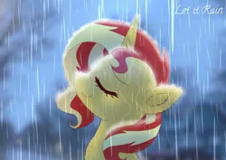 Size: 1600x1131 | Tagged: safe, artist:jaanhavi, derpibooru import, sunset shimmer, pony, unicorn, chest fluff, eyes closed, female, image, jpeg, mare, nose in the air, rain, smiling, solo