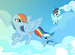 Size: 828x610 | Tagged: safe, artist:sapphiretwinkle, derpibooru import, rainbow dash, oc, pegasus, pony, female, filly, flying, foal, image, jpeg, mare, momma dash, mother and child, mother and daughter, offspring, parent:rainbow dash, parent:soarin', parents:soarindash