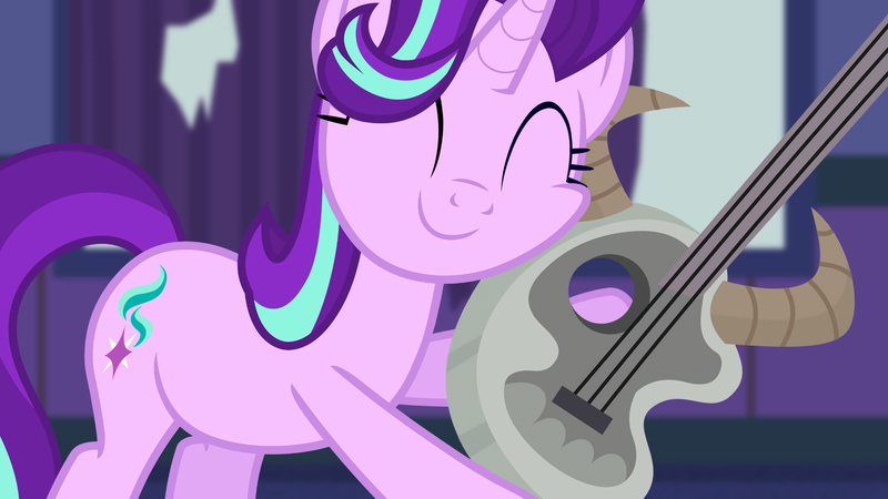 Size: 1920x1080 | Tagged: safe, artist:makenshi179, artist:pink1ejack, derpibooru import, starlight glimmer, pony, unicorn, the parent map, 1080p, ^^, cute, electric guitar, eyes closed, female, glimmerbetes, guitar, happy, image, jpeg, mare, musical instrument, punk, smiling, solo, starlight's room