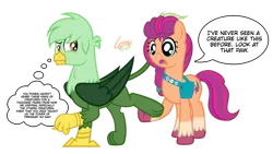 Size: 1192x670 | Tagged: safe, artist:gregory-the-griffon, derpibooru import, sunny starscout, oc, oc:gregory griffin, earth pony, gryphon, pony, g5, annoyed, bag, coat markings, colored hooves, digital art, duo, duo male and female, female, fluttershy's cutie mark, frown, griffon oc, holding, image, male, mare, open mouth, paws, png, rainbow dash's cutie mark, saddle bag, simple background, socks (coat marking), speech bubble, text, thought bubble, transparent background, twilight sparkle's cutie mark, unamused, unshorn fetlocks, wings