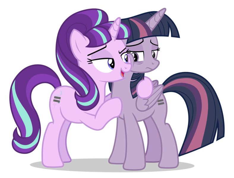 Size: 6300x4800 | Tagged: safe, alternate version, artist:gypsykumquat, derpibooru import, discord, starlight glimmer, twilight sparkle, alicorn, pony, unicorn, .svg available, absurd resolution, alternate hairstyle, cheek bulge, cheek squish, depressed, discorded twilight, duo, equal cutie mark, equality, equalized, female, floppy ears, high res, image, inkscape, our town, png, s5 starlight, show accurate, simple background, smug, smuglight glimmer, solo, squishy cheeks, transparent background, vector