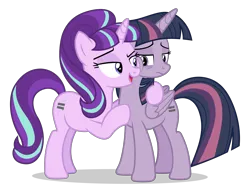 Size: 6300x4800 | Tagged: safe, alternate version, artist:gypsykumquat, derpibooru import, discord, starlight glimmer, twilight sparkle, alicorn, pony, unicorn, .svg available, absurd resolution, alternate hairstyle, cheek bulge, cheek squish, depressed, discorded twilight, duo, equal cutie mark, equality, equalized, female, floppy ears, high res, image, inkscape, our town, png, s5 starlight, show accurate, simple background, smug, smuglight glimmer, solo, squishy cheeks, transparent background, vector
