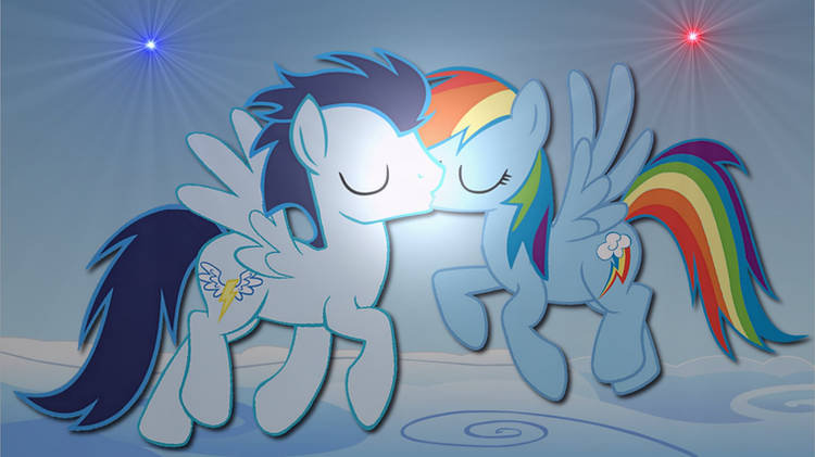 Size: 750x421 | Tagged: safe, artist:barrfind, derpibooru import, rainbow dash, soarin', pegasus, pony, eyes closed, female, flying, image, jpeg, kiss on the lips, kissing, male, mare, shipping, soarindash, stallion, straight, wallpaper