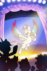 Size: 2751x4175 | Tagged: safe, artist:abby bulmer, derpibooru import, idw, official, zipp storm, pegasus, pony, g5, audience, comic cover, crowd, curtains, female, flying, high res, image, jpeg, mare, microphone, official comic, silhouette, stage, swapped cutie marks, textless