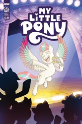 Size: 2063x3131 | Tagged: safe, artist:abby bulmer, derpibooru import, idw, official, zipp storm, pegasus, pony, g5, comic cover, crowd, curtains, female, flying, high res, image, jpeg, mare, microphone, my little pony logo, official comic, silhouette, stage, swapped cutie marks