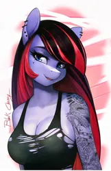 Size: 720x1113 | Tagged: suggestive, artist:therocknrollmartian, derpibooru import, oc, oc:black cherry, unofficial characters only, anthro, earth pony, big breasts, breasts, busty oc, cleavage, clothes, ear piercing, erect nipples, female, goth, image, jpeg, looking at you, nipple outline, piercing, red and black mane, sideboob, simple background, solo, solo female, tattoo, torn clothes