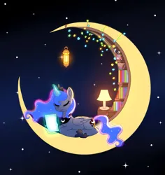 Size: 2131x2262 | Tagged: safe, artist:jaanhavi, derpibooru import, princess luna, alicorn, pony, book, cute, ethereal mane, ethereal tail, eyes closed, female, glow, glowing horn, horn, image, lamp, lantern, levitation, library, lunabetes, magic, mare, moon, night, png, solo, starry mane, starry tail, stars, tail, tangible heavenly object, telekinesis