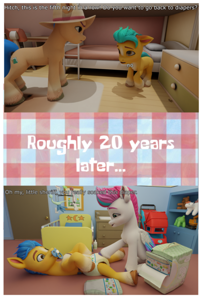 Size: 4003x5951 | Tagged: questionable, artist:northern haste, derpibooru import, hitch trailblazer, zipp storm, earth pony, pegasus, pony, g5, 3d, 4k, adult foal, bedwetting, blender, colt, colt hitch trailblazer, comic, crib, diaper, diaper change, diaper fetish, diaper package, female, fetish, foal, high res, hitchzipp, image, male, mare, mother and child, mother and son, non-baby in diaper, pacifier, pissing, png, shipping, straight, urine, wet diaper, wetting, younger